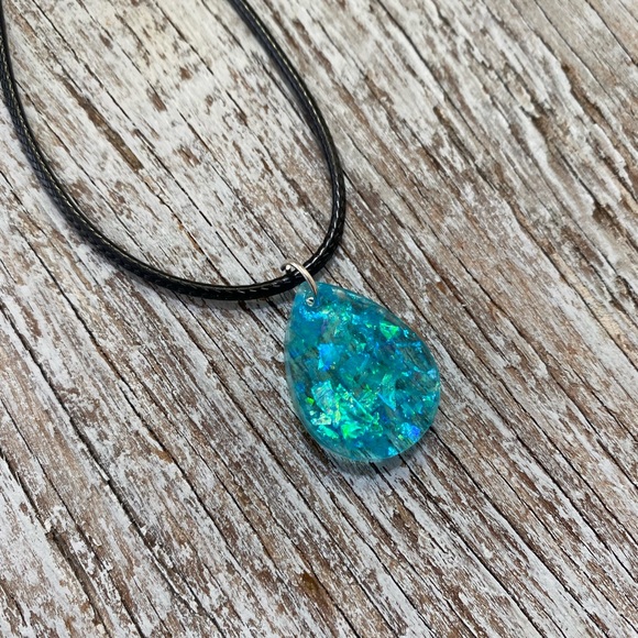 Iridescent Blue Teardrop Necklace - Handmade - Picture 7 of 13